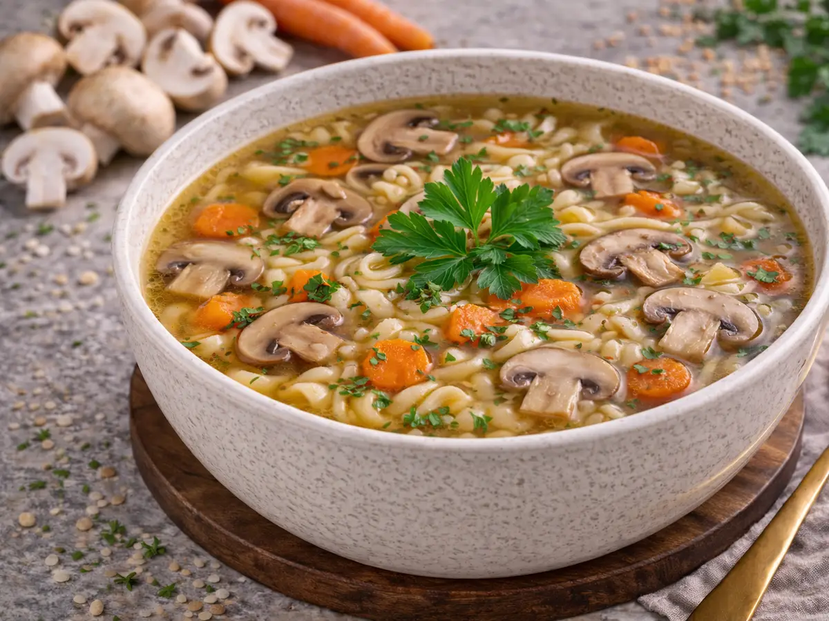 Rosół z pieczarkami i makaronem