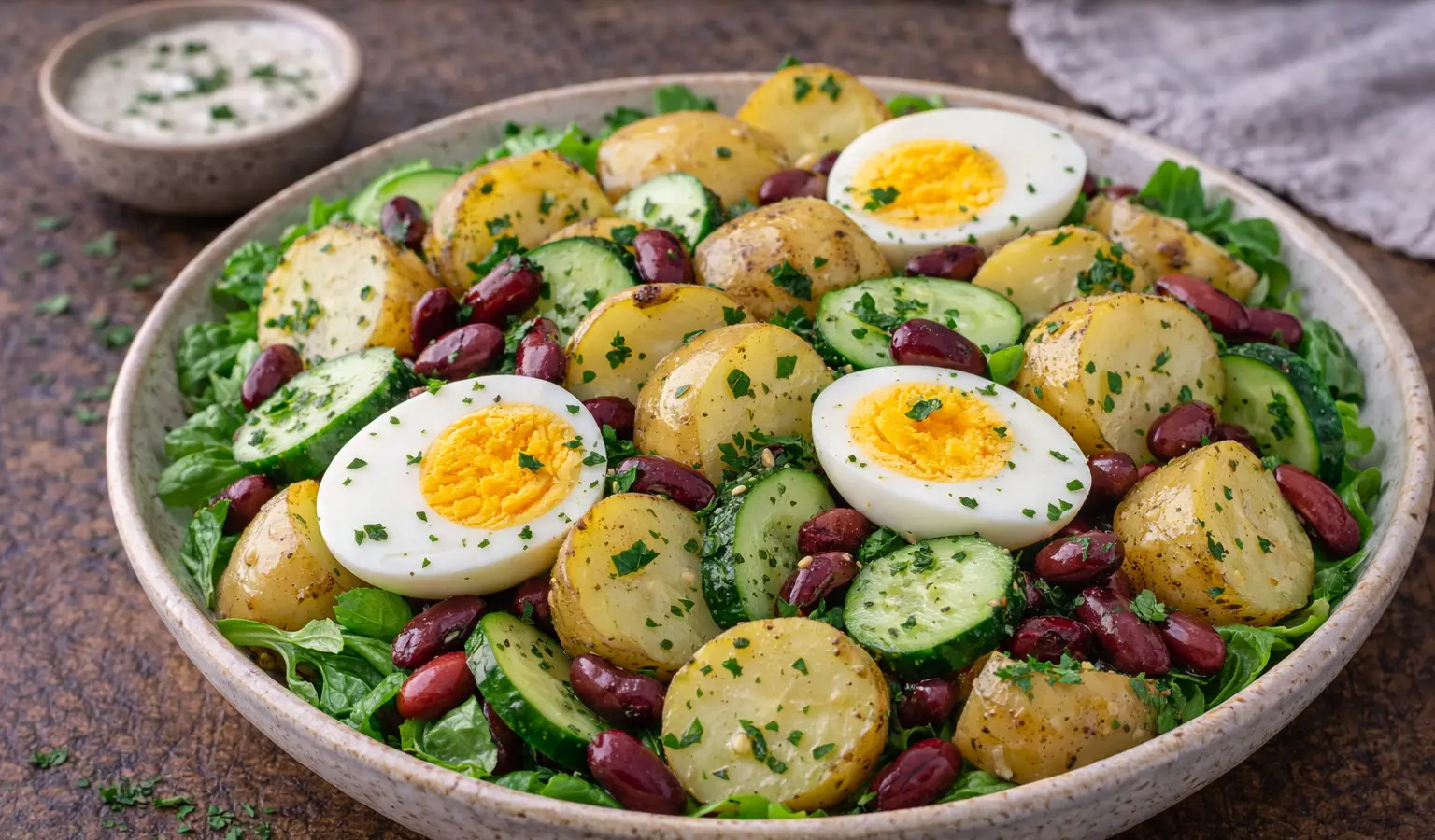 Sałatka z fasolą, jajkiem i ziemniakami