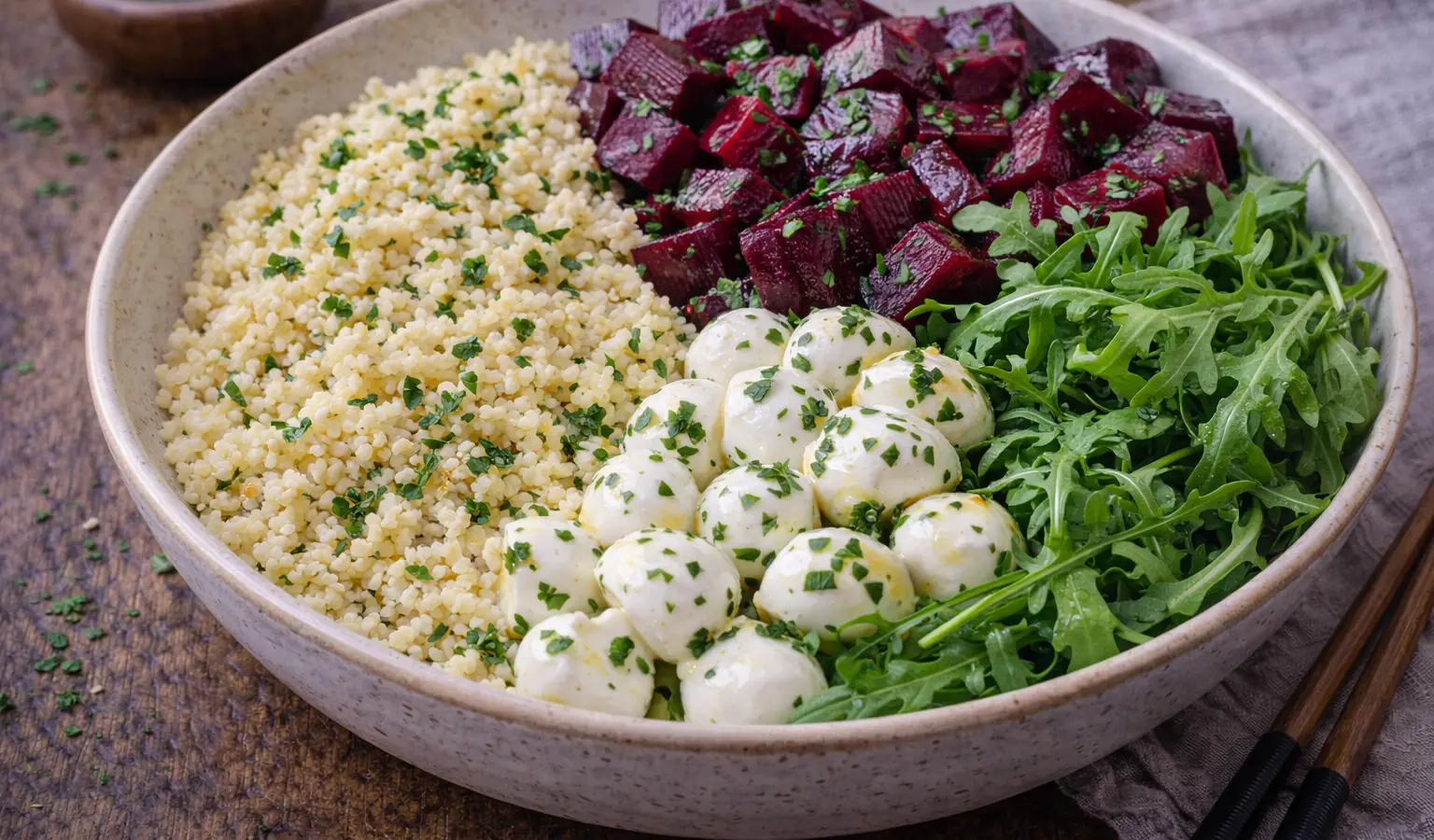 Sałatka z mozzarellą, kaszą i pieczonym burakiem