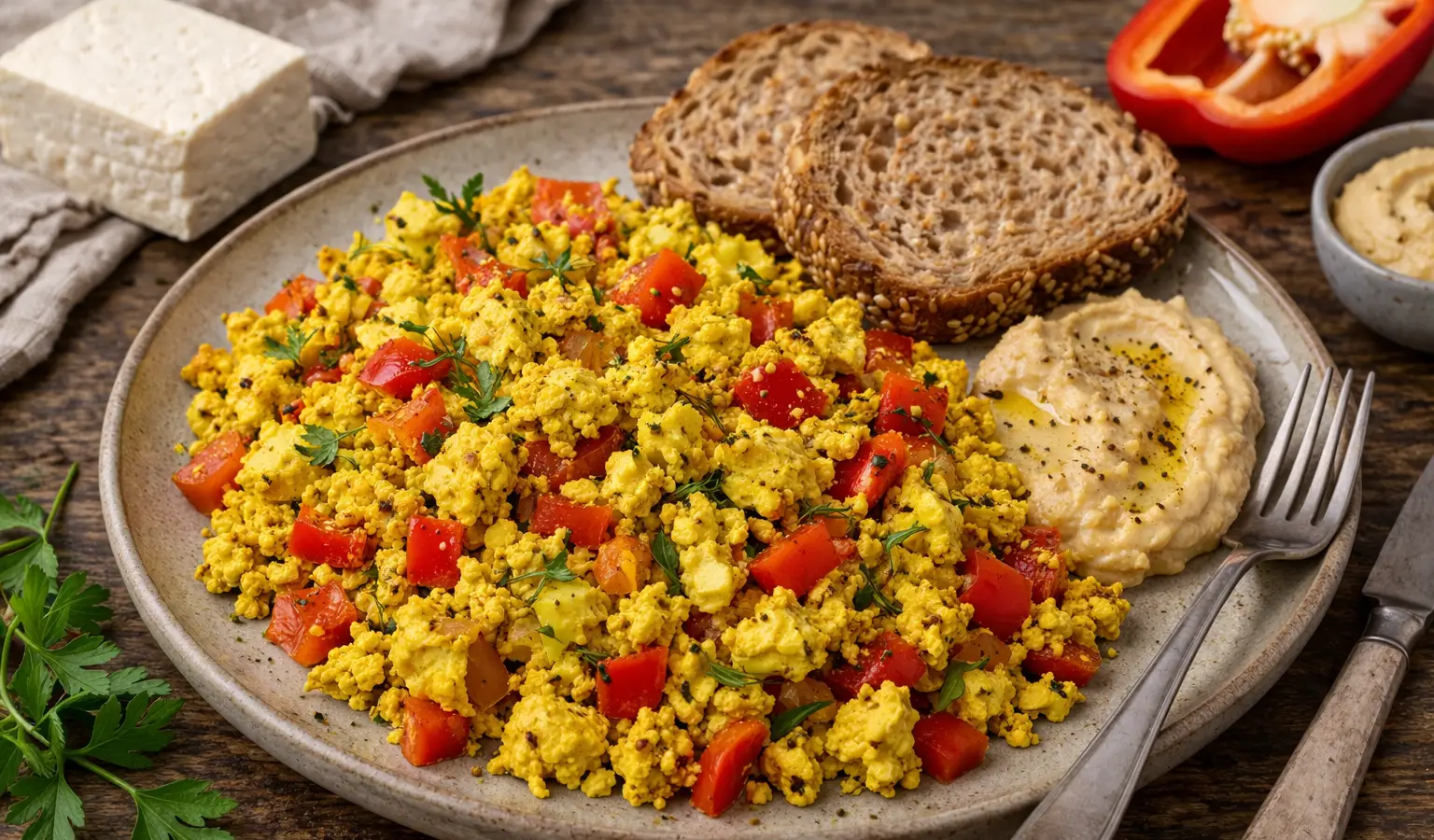 Tofu scramble z hummusem i papryką