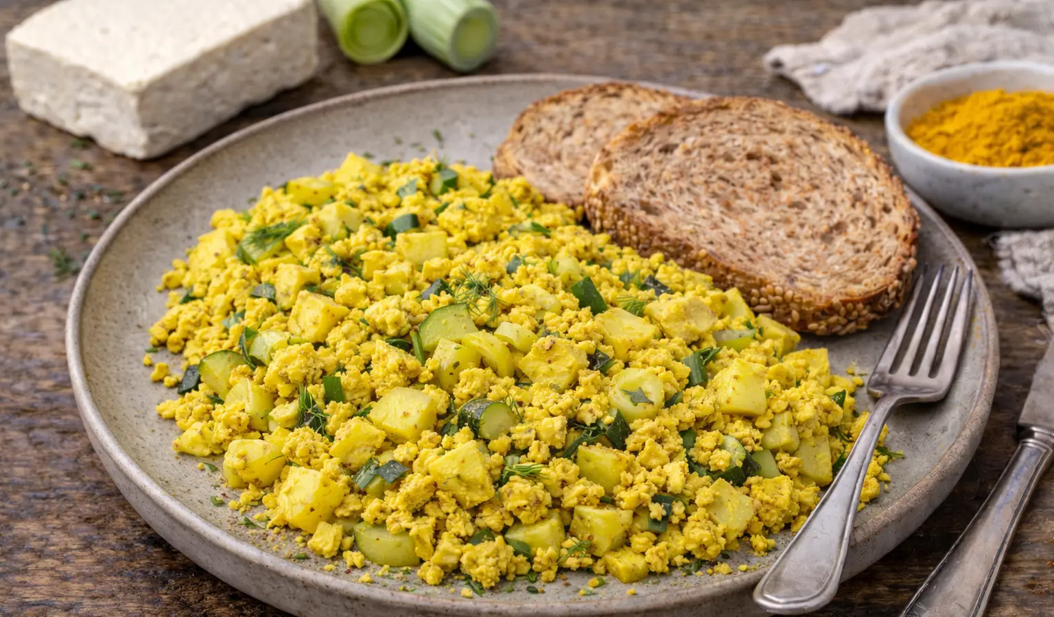 Tofu scramble z porami i ziemniakami