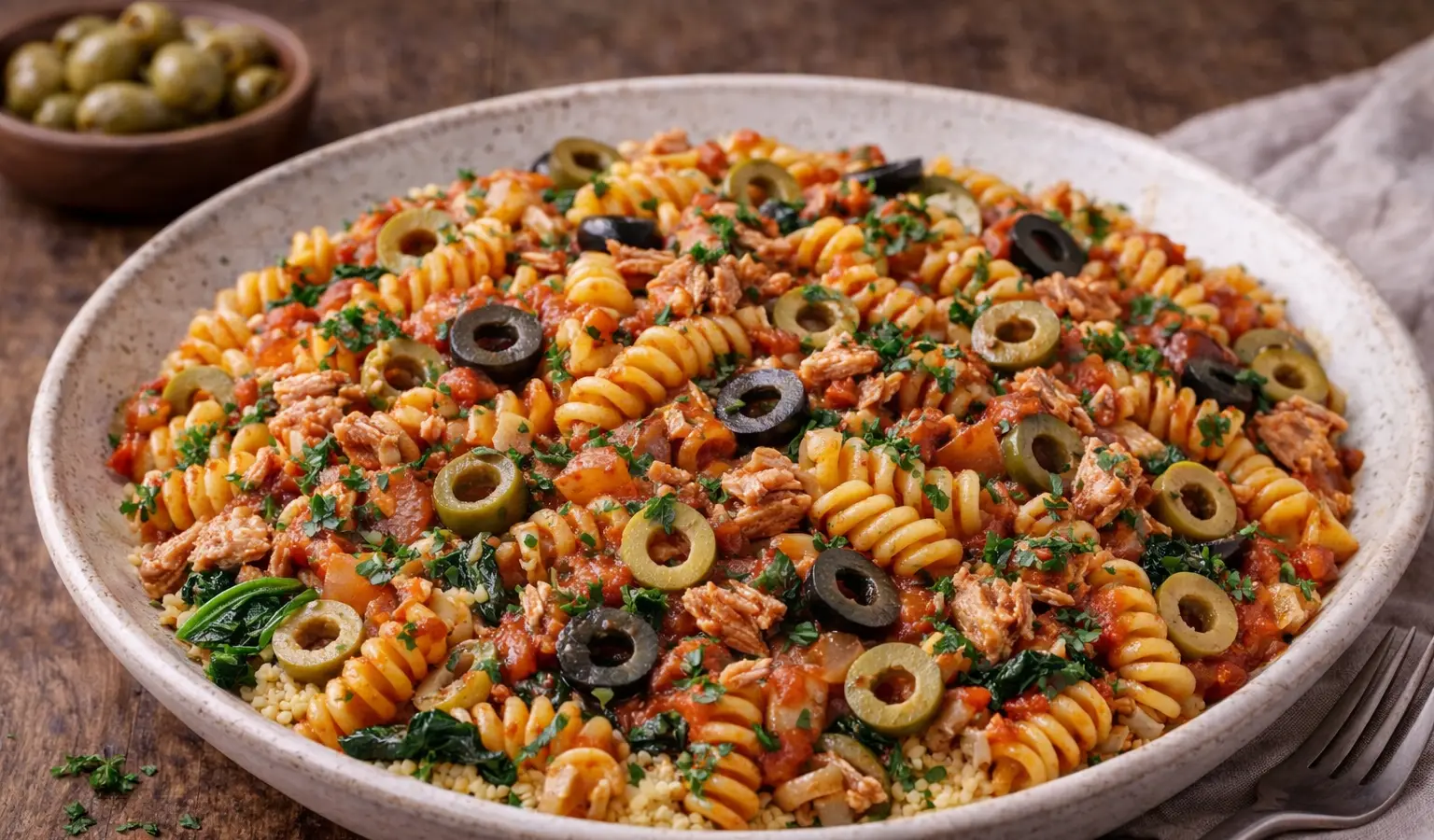 Tuńczyk z makaronem i oliwkami