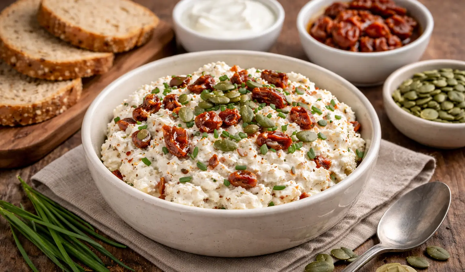 Twarożek z suszonymi pomidorami i pestkami dyni