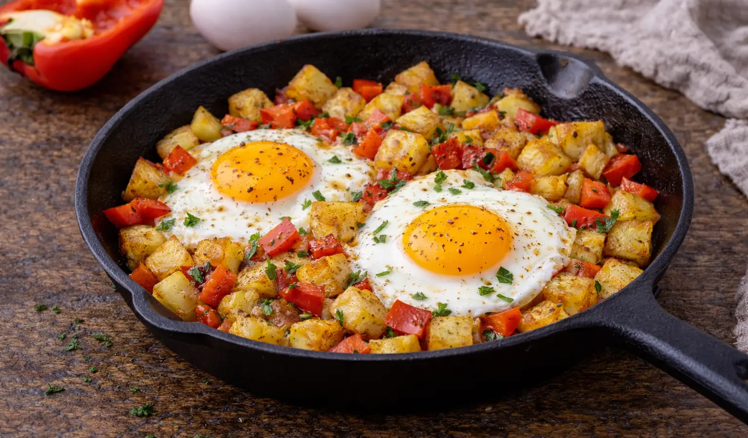 Śniadaniowe ziemniaki z papryką i jajkiem