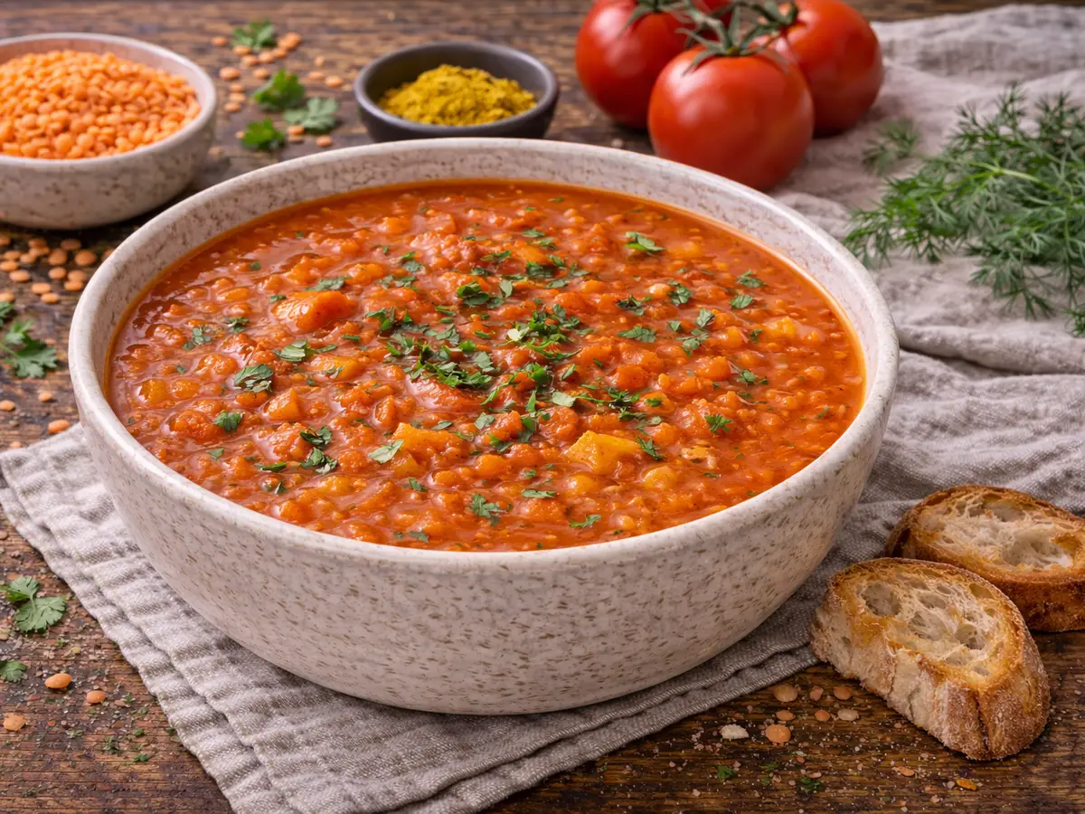 Zupa z czerwonej soczewicy i pomidorów