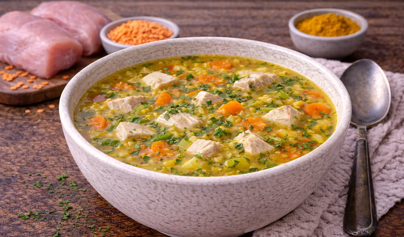 Zupa z indykiem i czerwoną soczewicą