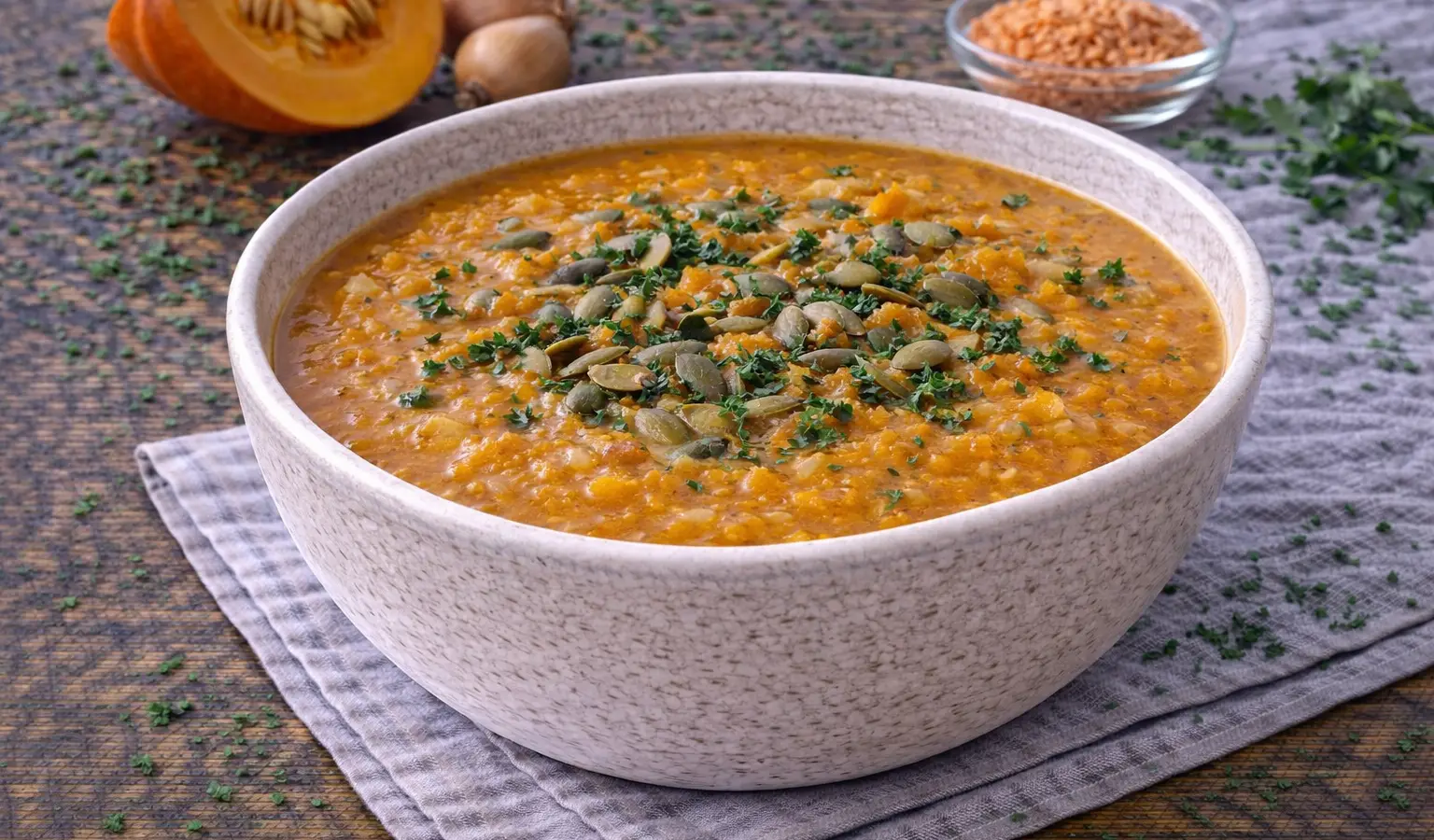 Zupa z pieczonej dyni i soczewicy