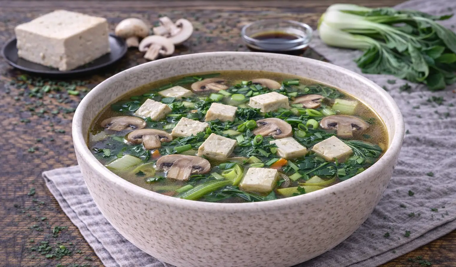 Zupa z tofu, pieczarkami i pak choi